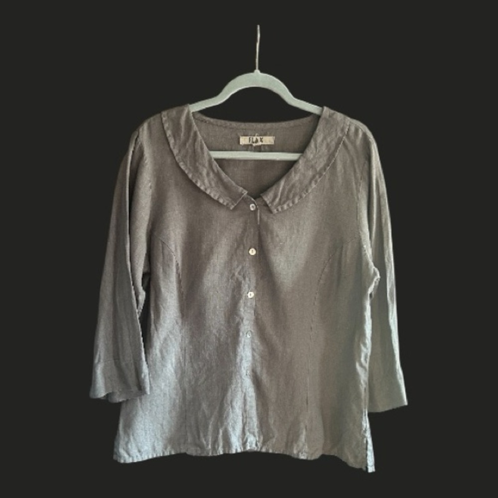 FLAX Linen Collared Button Down Shirt Taupe Grey M